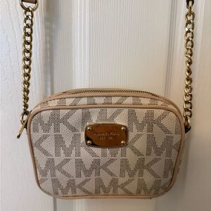 Michael Kors Beige MK Logo Small Crossbody with Gold Chain